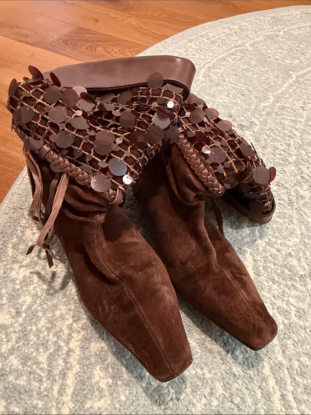 Brown Suede Women's Ankle Boots with Sequin Fringe